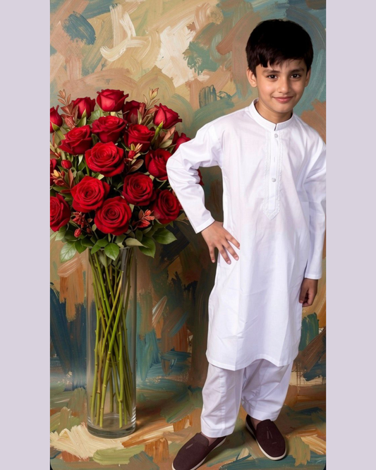 Kids Premium Soft Cotton Embroidered Kurta Shalwar - Classic White