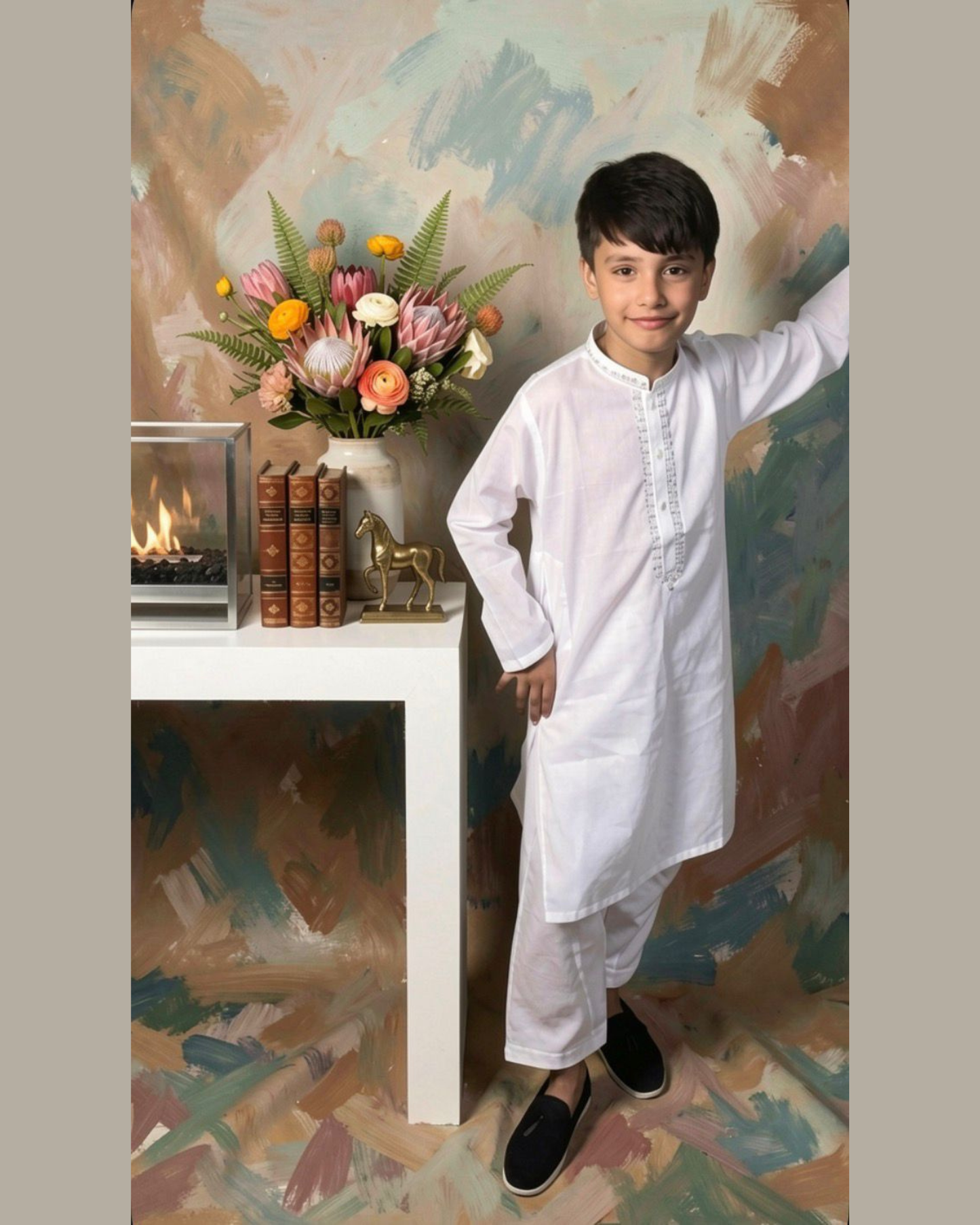Kids Premium Soft Cotton Embroidered Kurta Shalwar - Elegant Off-White