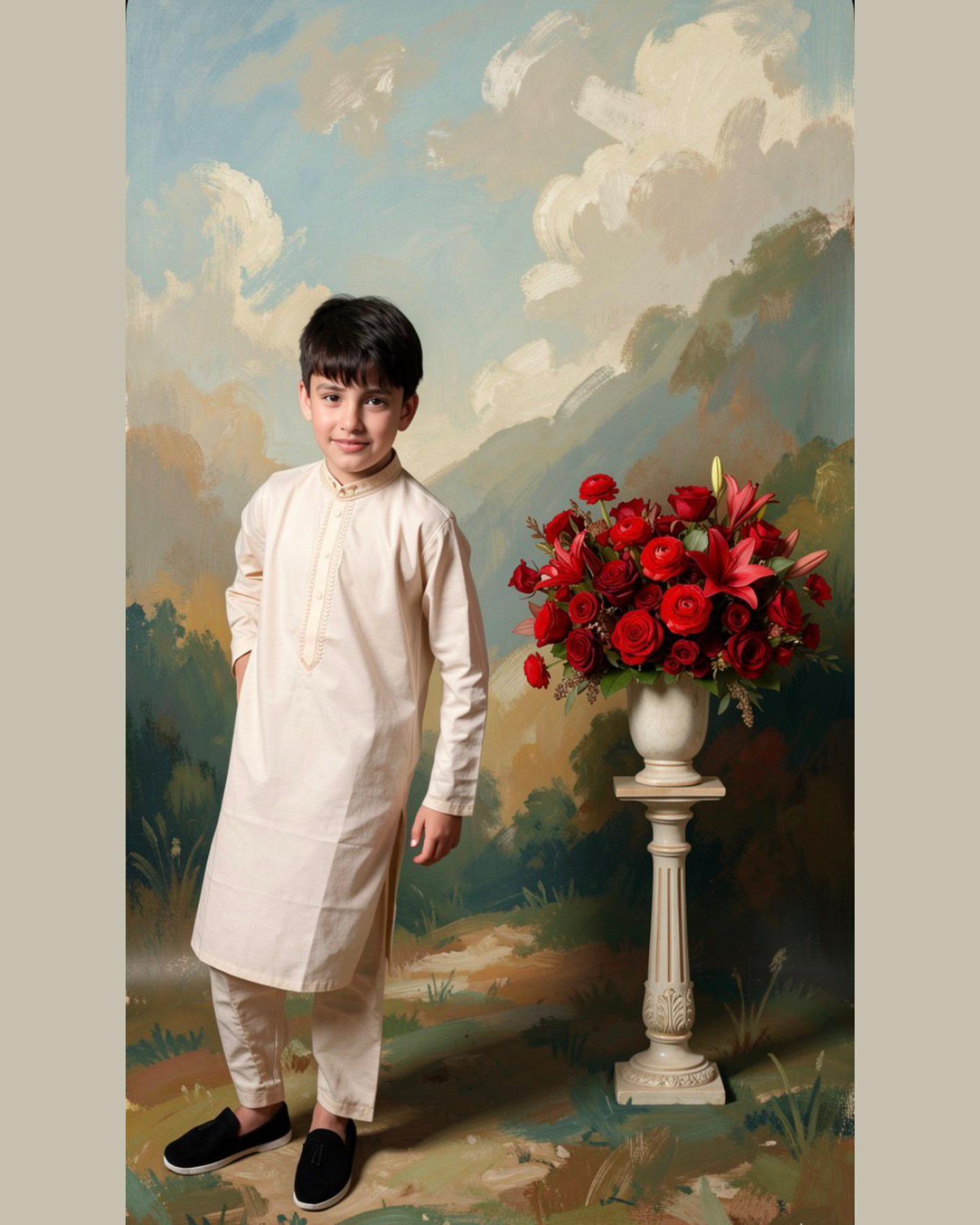 Kids Premium Soft Cotton Embroidered Kurta Shalwar - Elegant Skin Beige