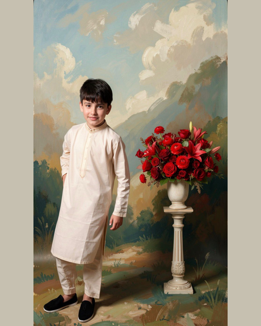 Kids Premium Soft Cotton Embroidered Kurta Shalwar - Elegant Skin Beige
