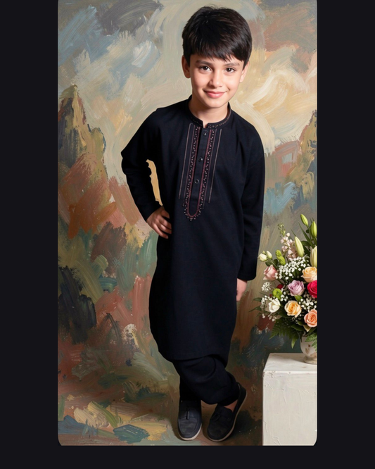 Kids Premium Soft Cotton Embroidered Kurta Shalwar - Jet Black