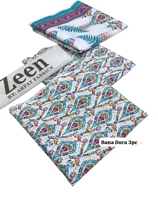 Zeen Original Bana Dora Swiss Lawn 3PC - Printed Shirt & Voil Dupatta